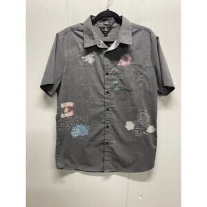 Volcom Men's Button Up Shirt Size Large Graphics on Front & Back Modern Fit Gray